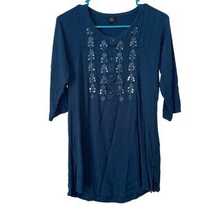 Blue Embroidered 3/4 Sleeve Tunic Top Large
